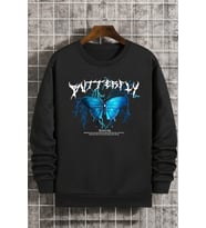 Unisex Blue Butterfly Bisiklet Yaka Sweatshirt (Siyah)