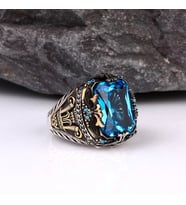 925 Ayar Blue Topaz Taşı Gümüş Erkek Yüzük Silver