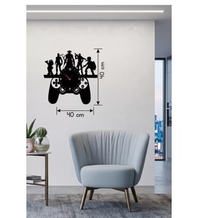 Oyun Odası Dekoratif Duvar Saati - 40X40 Cm Kesim Ahşap Joystick Oyun Karakterli Saat