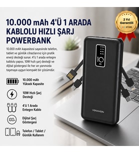 Powerbank 10.000 mAh Hızlı Şarj Destekli, 4'ü 1 Arada Entegre Kablolu Taşınabilir Şarj Cihazı