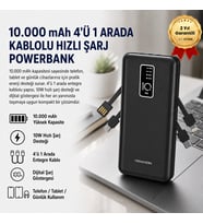 Powerbank 10.000 mAh Hızlı Şarj Destekli, 4'ü 1 Arada Entegre Kablolu Taşınabilir Şarj Cihazı