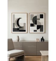 Minimalist Geometrik Formlar ve Ay Motifli 2’li Ahşap Çerçeveli Tablo Seti