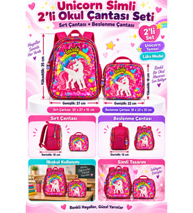 Unicorn İlkokul Okul Çantası Beslenme Çantası Sırt Çantası Simli 2'li Set 35 x 27 x 15 cm