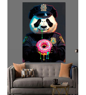 Donut Yiyen Polis Panda Dekoratif Kanvas - Mdf Ahşap Tablo