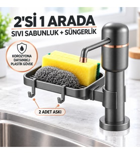 Valkyrie 2’si 1 Arada Siyah Mutfak Sıvı Sabunluk ve Süngerlik Seti Tezgah Üst Pompalı Dispenser 360°