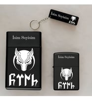 Kurt Göktürk Türk Desenli İsimli Çakmak,Metal Tabaka ve Anahtarlık Hediye Seti (Siyah)