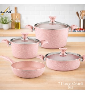ARZU ÇELİK 7 Parça Granit Set Cam Kapak - Pembe