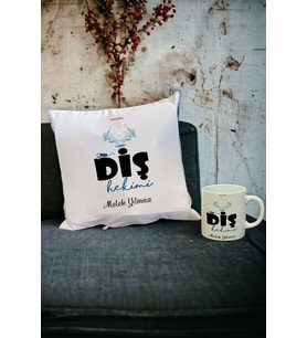 Diş Hekimine Hediye Kupa Bardak ve Yastık Set 003 (Beyaz)