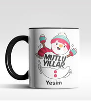 Kişiye Özel Mutlu Yıllar Kardan Adam Tasarımlı Siyah Kupa (Siyah)