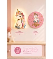 Ahşap Unicorn İsme Özel Pilli Ledli Gece Lambası ve Unicorn Ahşap Kapı Süsü Seti Bebek Çocuk Odası