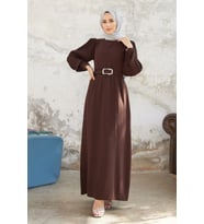 Kolları Piliseli Elbise - Kahverengi