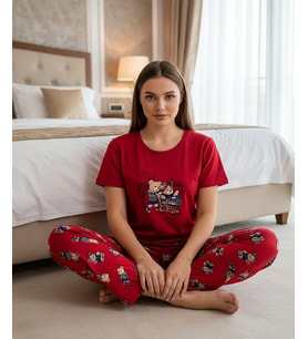 Mihra Kadın Compakt Penye Bisiklet Yaka Kısa Kol İnce Pijama Takımı 90784K - 1 Adet (Kırmızı)