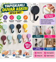 10 lu Plastik Kendinden Yapışkanlı Renkli Askı Seti