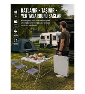 Mey İthalat® Ayarlanabilir Yükseklikli Kamp ve Piknik Masası 4 Kişilik Katlanabilir Masa Seti