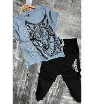 Erkek Çocuk Kara Kalem Kurt ve Yazı Baskılı Mavi T-Shirt Eşofman Takım