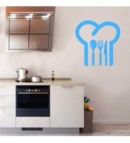 Aşçı Şapkası Mutfak Gereçleri Sembolü Silüeti Dekoratif Mutfak Duvar Sticker, Çıkartma Mavi