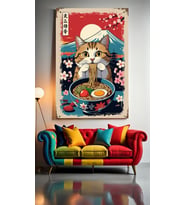 NOODLE YİYEN KEDİ V Ev Duvar Salon Güzellik Salonu Ofis Dükkan Dekarasyon Kanvas Tablo (Çok Renkli)