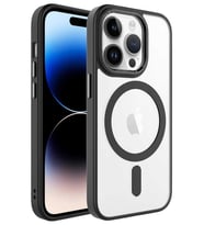 Apple iPhone 14 Pro Max Kılıf Renkli Kenar Şeffaf Kamera Çevresi Metal Magsafe TPU Silikon (Siyah)