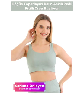 Özel Üretim Göğüs Toparlayıcı Sarkma Önleyen Spor Günlük Kalın Askılı Pedli Fitilli Crop Büstiyer (Mint)