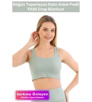 Özel Üretim Göğüs Toparlayıcı Sarkma Önleyen Spor Günlük Kalın Askılı Pedli Fitilli Crop Büstiyer (Mint)