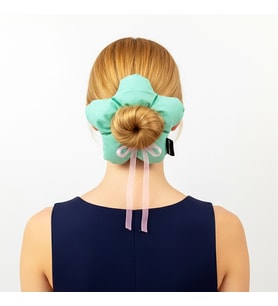 WoodyCord El Yapımı Mint Yeşili Pembe Fiyonklu Çiçek Scrunchie Topuz Tokası