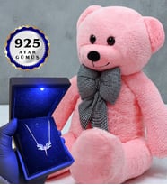 Büyük Boy Pembe Peluş Ayıcık ve Gerçek 925 Ayar Gümüş Kolye Seti (Model 4)