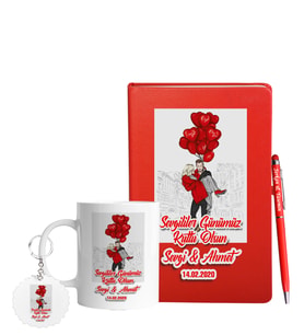 Sevgililer Gününe Özel Kırmızı Defter Kalem Kupa & Süblimasyon Anahtarlık Hediye Seti 17