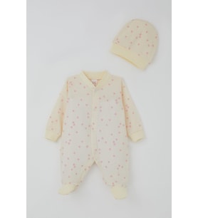 Breeze Kız Bebek Patikli Tulum Çiçek Desenli 0-6 Ay, Krem