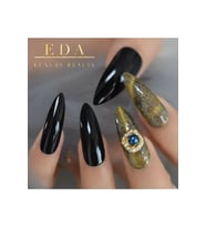EDA LUXURY BEAUTY Siyah Yeşil Kedi Gözü Simli Takma Tırnak Lüks Taşlı Desenli Extra Uzun Sivri Stiletto Nail Art Set E043