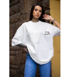 pilelistore- Unisex Bisiklet Yaka Baskılı Oversize T-Shirt - Beyaz