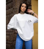 pilelistore- Unisex Bisiklet Yaka Baskılı Oversize T-Shirt - Beyaz