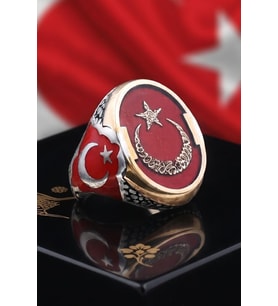 Ay Yıldızlı Kelime-i Tevhid Yazlı 925 Ayar Gümüş Erkek Yüzük Mineli 903118