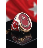 Ay Yıldızlı Kelime-i Tevhid Yazlı 925 Ayar Gümüş Erkek Yüzük Mineli 903118