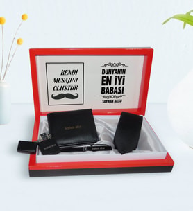 BK Gift Kişiye Özel Dünyanın En İyi Babası Tasarımlı Mesajlı Kutuda Cüzdan Kravat Çakmak ve Kalem Hediye Seti-6