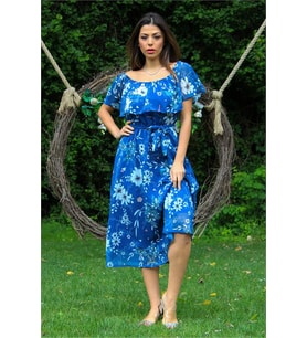 Neşeli butik kadın indigo bağlama detaylı madonna yaka şifon elbise NB100371
