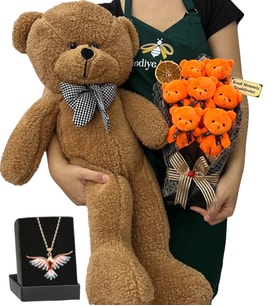 Kişiye Özel 7'li Peluş Ayıcık Buketi, Renkli Anka Kuşu Kolye ve Kahverengi Peluş Ayıcık (Model 1)