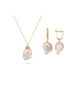 Şeftali Rengi Barok İnci Kolye Küpe İkili Set (Rose)