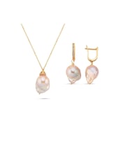 Şeftali Rengi Barok İnci Kolye Küpe İkili Set (Rose)