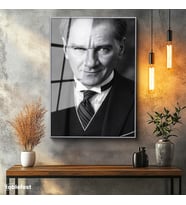 Gümüş Renk Metal Çerçeveli Tamperli Cam Tablo Atatürk Çizgili Kravat Klasik Giyim Atatürk Tablosu Duvar Dekoru
