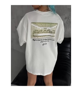 Unisex Baskılı Oversize T-Shirt - Beyaz