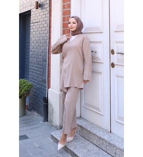Bağlama Detaylı Kimono Takım Vizon