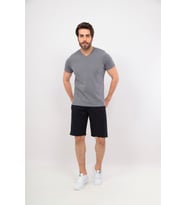Erkek V Yaka Tshirt Şort Cep Fermuarlı Alt Üst Takım (Gri-Lacivert)