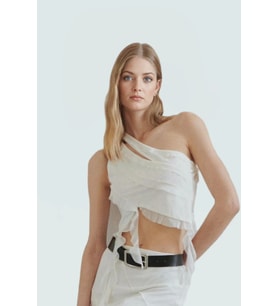 Asimetrik Yaka Tül Örme Bluz Yazlık Crop Model Trend Tasarım Seçkin Malzeme (Ekru)