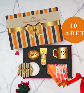 Kadınlar Günü 10’lu Set   Dekoratif Ahşap Kutulu Hediye Seti, Fincan, Fular, Mum, Biblo, Vücut Kremi,