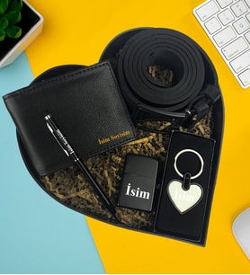 Kişiye Özel Premium Kalp Kutu Cüzdan Kemer Metal Lüx Kalp Anahtarlık Zippo Metal Çakmak Touch Pen Metal Kalem Hediye Set