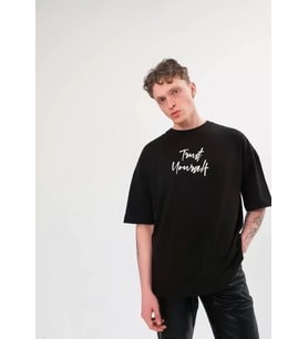 pilelistore- Unisex Bisiklet Yaka Baskılı Oversize T-Shirt - Siyah