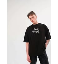 pilelistore- Unisex Bisiklet Yaka Baskılı Oversize T-Shirt - Siyah