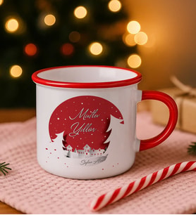 BK Gift Kişiye Özel İsimli Yılbaşı Tasarımlı Kırmızı Emaye Kupa Bardak -4, Arkadaşa Hediye, Yeni Yıl Hediyesi