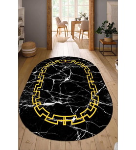 Dijital Baskılı Kaymaz Taban Yıkanabilir Oval Salon Halısı Mutfak Halısı Yolluk NDO-SD-589 (Gold)
