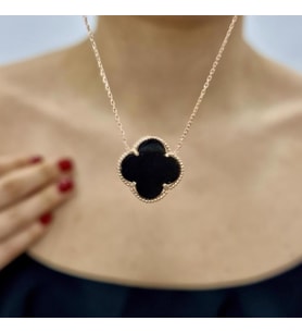 Özel Tasarım Yonca Onyx Taşlı Rose Altın Kaplama Kolye (Karışık)